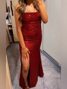 Sequined Strapless Red Evening Gown